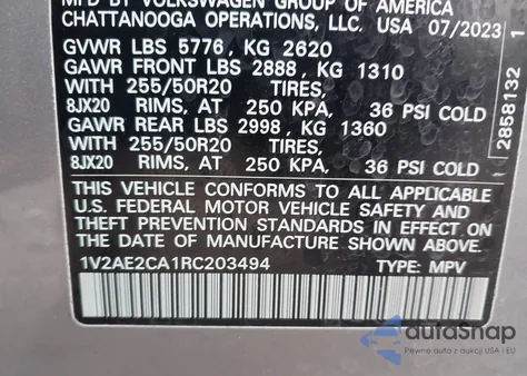 2024 Volkswagen Atlas Cross Sport 2.0T Sel R-Line from USA, damaged, VIN 1V2AE2CA1RC203494